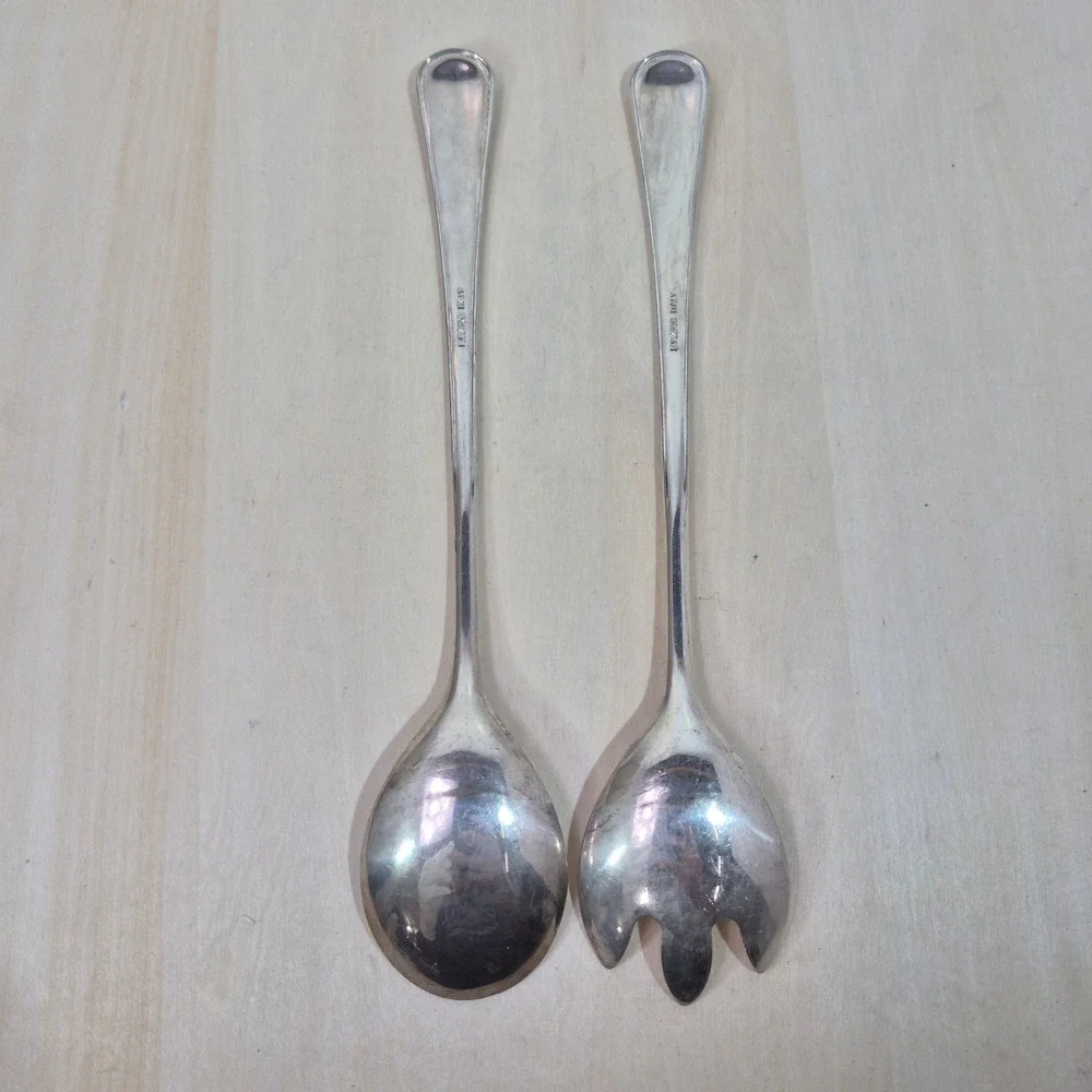 BP Zinc Italy Silver Plated Salad Serving Set Beaded Edge Spoon Fork 2pc Vintage